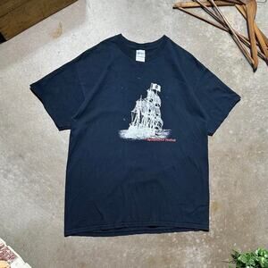 Vintage Y2K Pirate Ship Tee Mens Large Black White Sailboat Indie Ocean Shirt